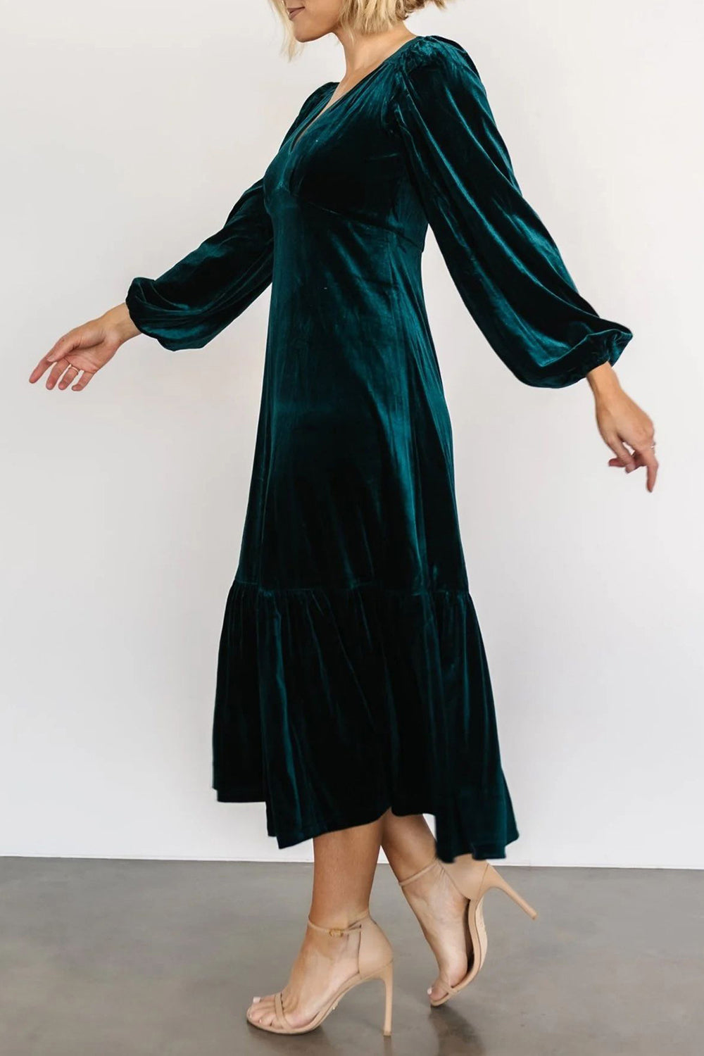 V-Neck Long Sleeve Midi Velvet Dress - Classique Collection