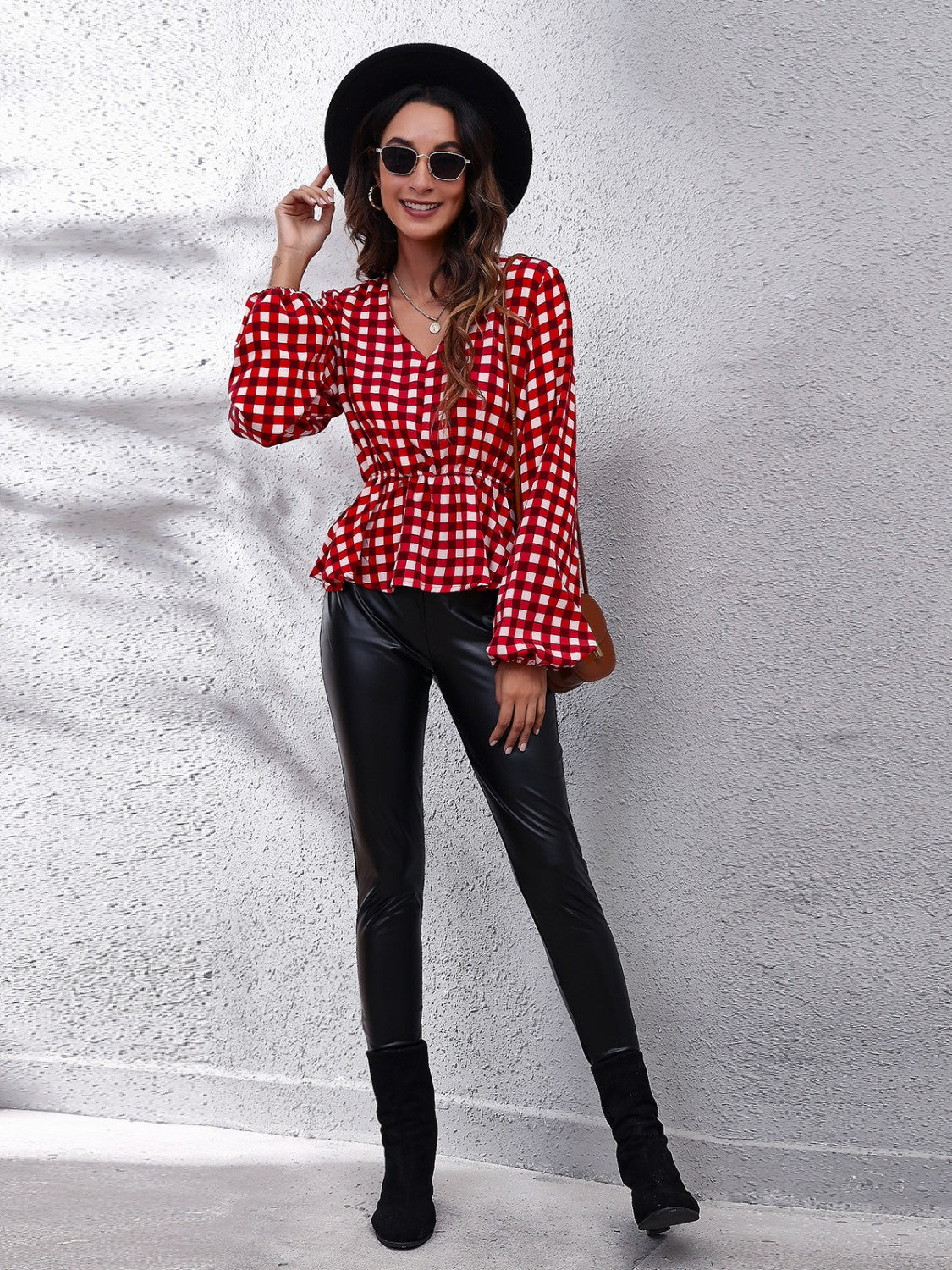 Plaid V-Neck Balloon Sleeve Peplum Blouse - Classique Collection