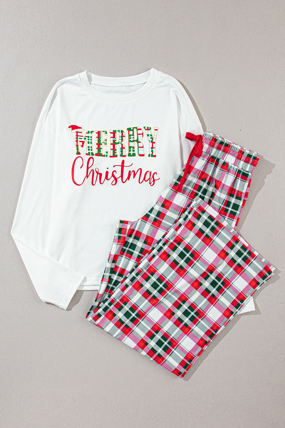 MERRY CHRISTMAS Round Neck Top and Plaid Pants Set - ClassiQ