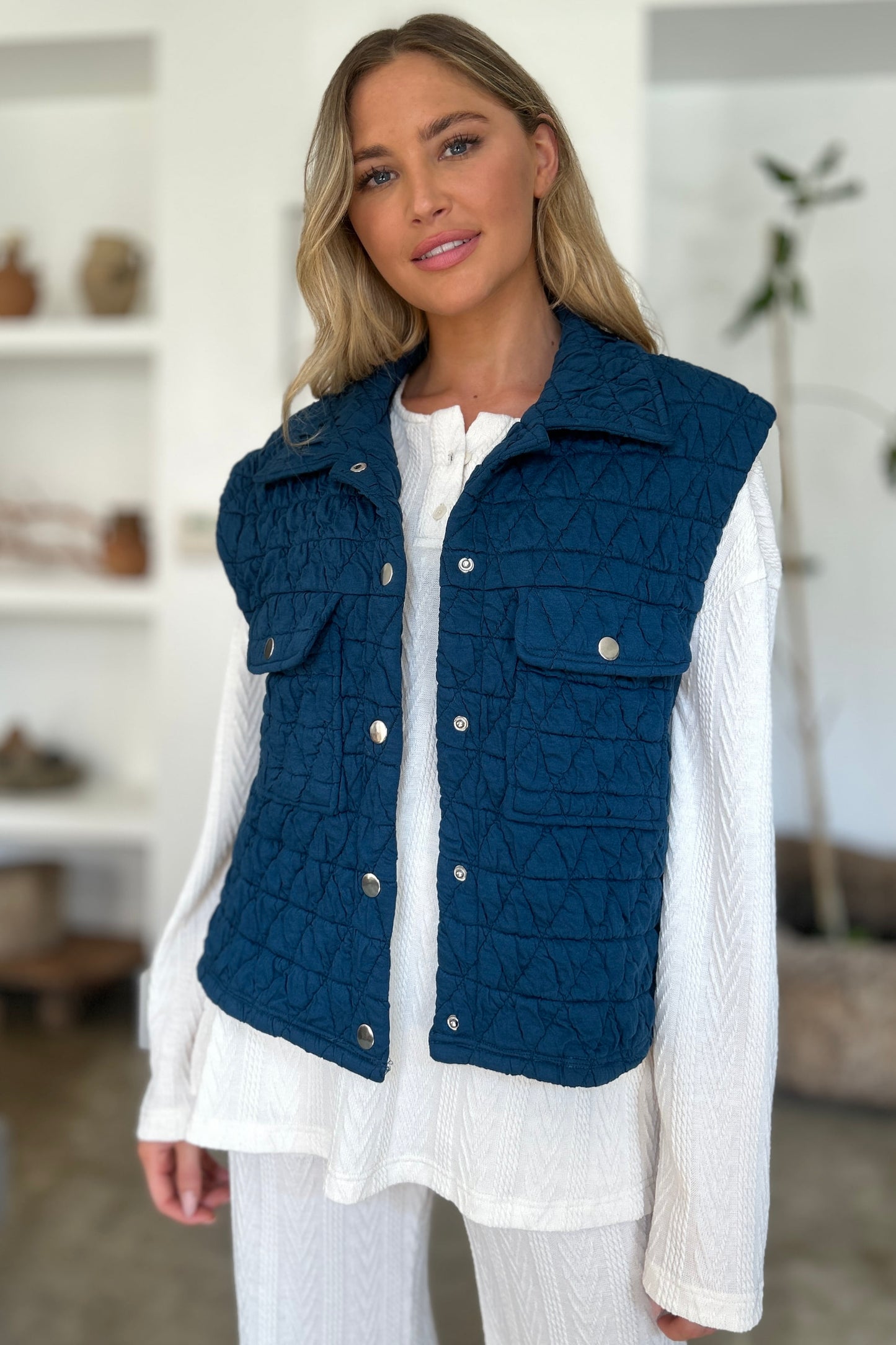 Double Take Full Size Pocketed Texture Snap Down Vest Coat - Classique Collection