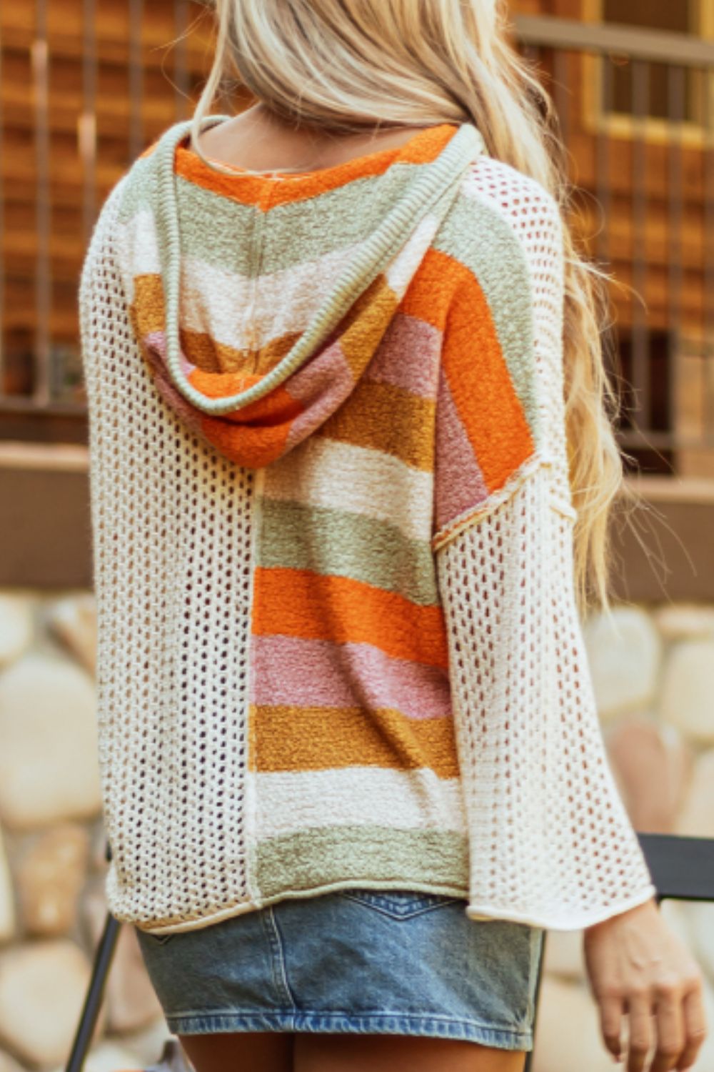 Openwork Color Block Hooded Sweater - Classique Collection