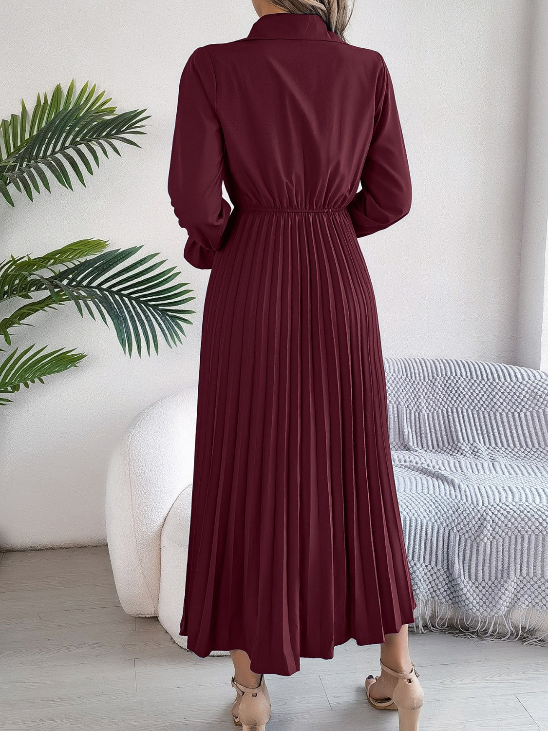 Pleated Half Button Long Sleeve Midi Dress - Classique Collection