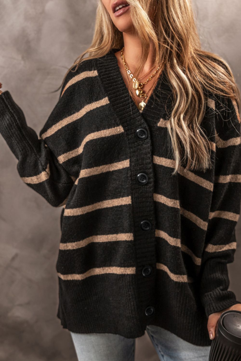 Striped Button Down Long Sleeve Cardigan - ClassiQ