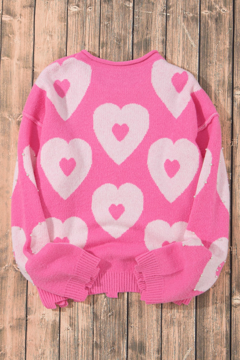 Pearl Detail Heart Round Neck Long Sleeve Sweater - ClassiQ