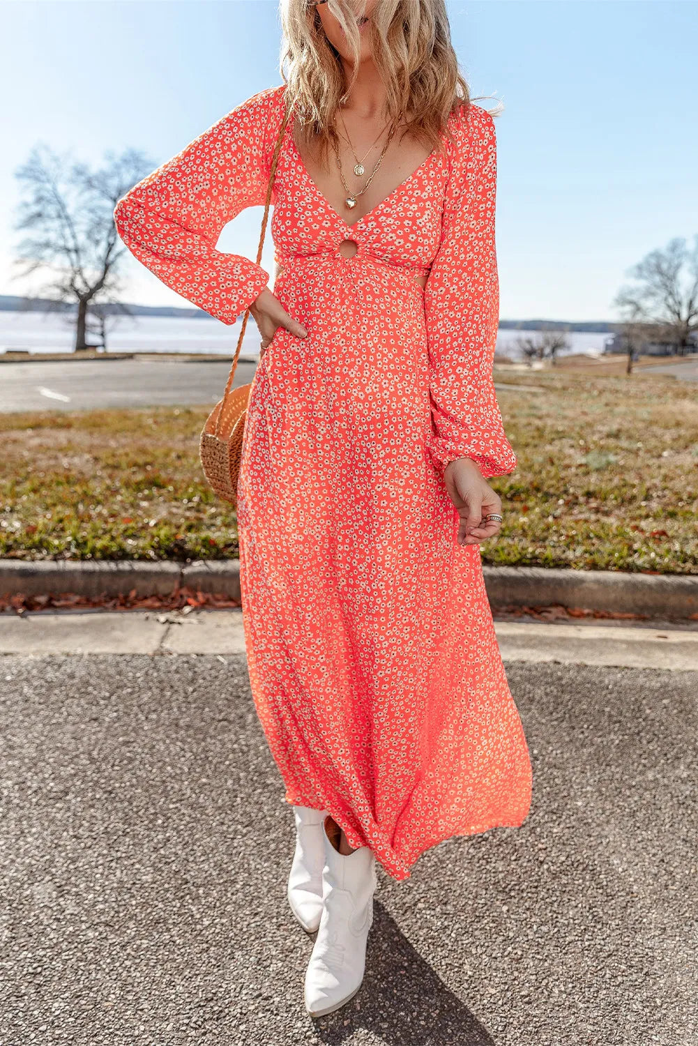 Printed V-Neck Long Sleeve Midi Dress - Classique Collection