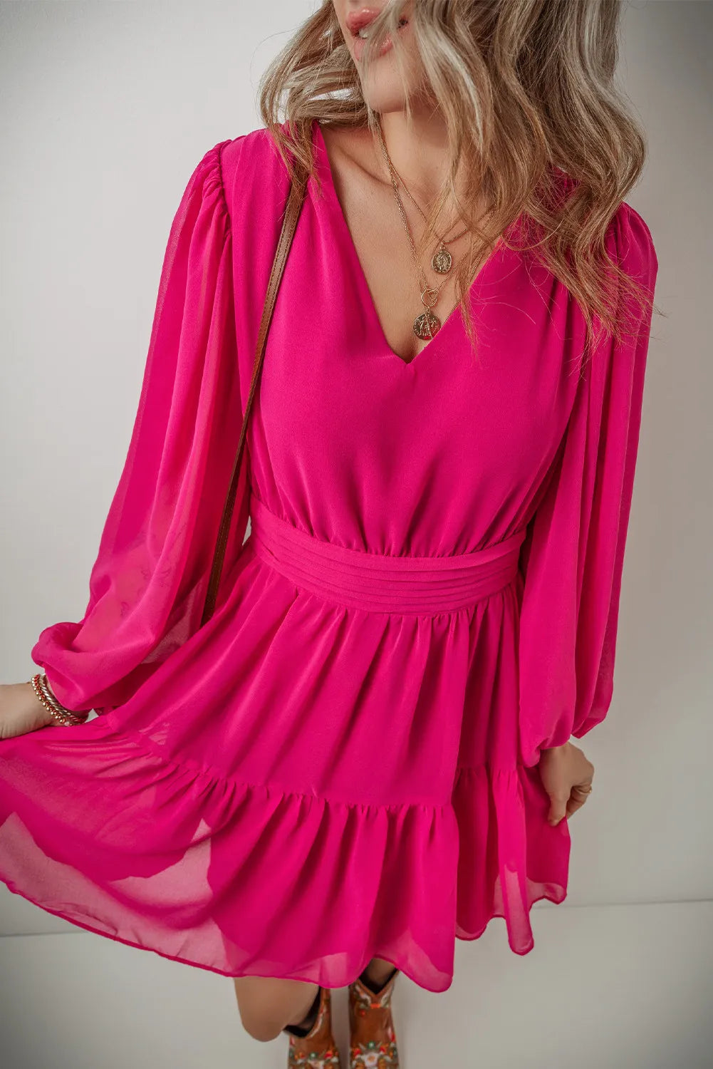 V-Neck Long Sleeve Mini Dress - Classique Collection