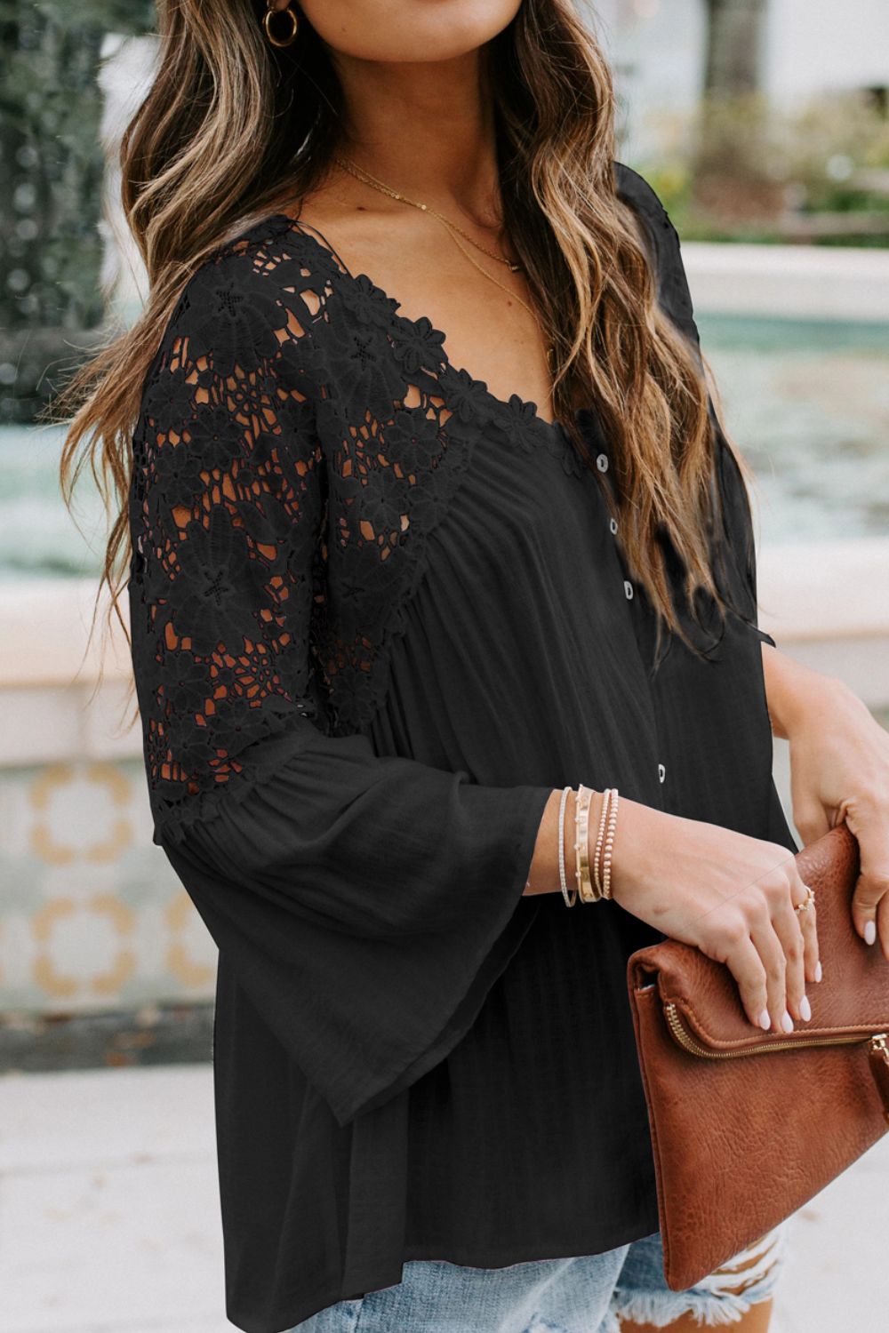 Cutout V-Neck Three-Quarter Sleeve Top - Classique Collection