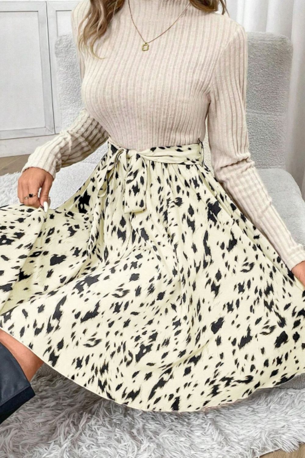 Printed Tie Waist Mock Neck Long Sleeve Dress - Classique Collection
