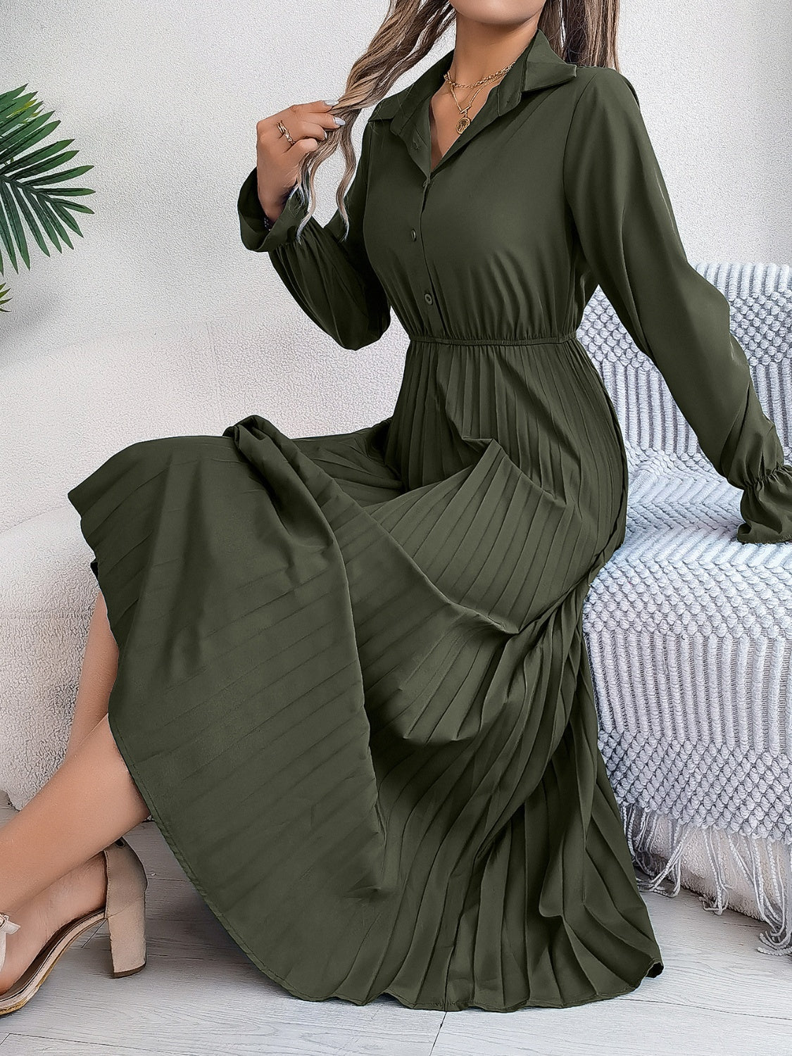 Pleated Half Button Long Sleeve Midi Dress - Classique Collection