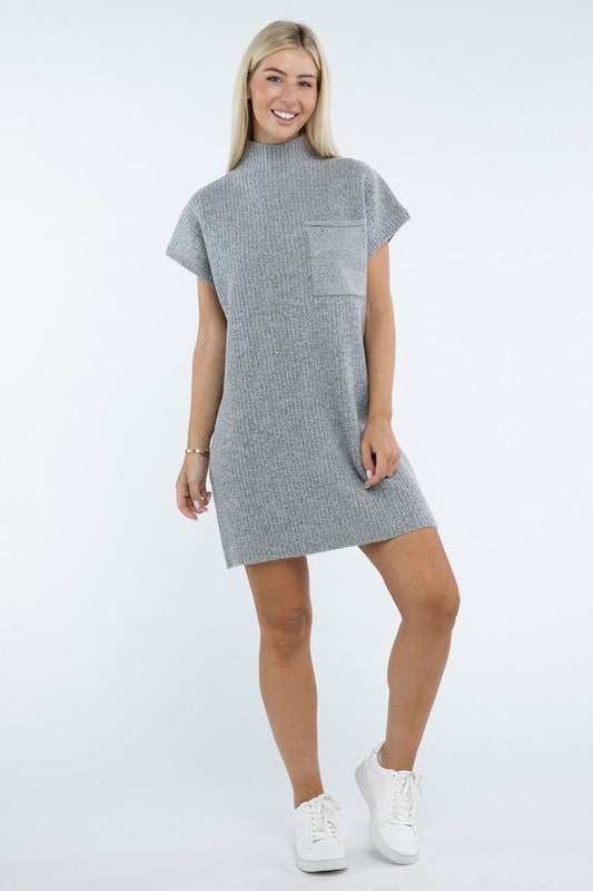 Mock Neck Short Sleeve Sweater Dress with Pocket - Classique Collection
