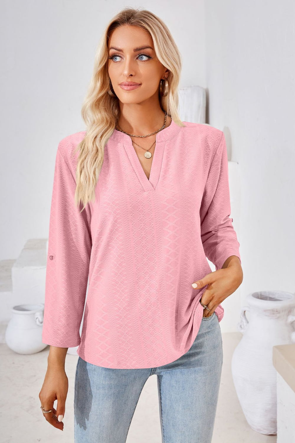 V-Neck Roll-Tap Sleeve Blouse - Classique Collection