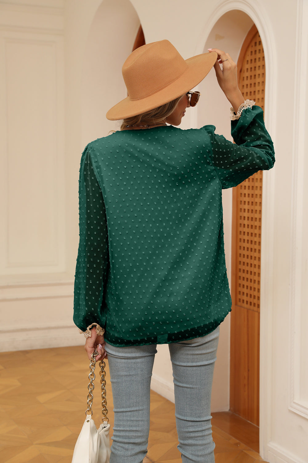 Swiss Dot Contrast V-Neck Blouse - ClassiQ