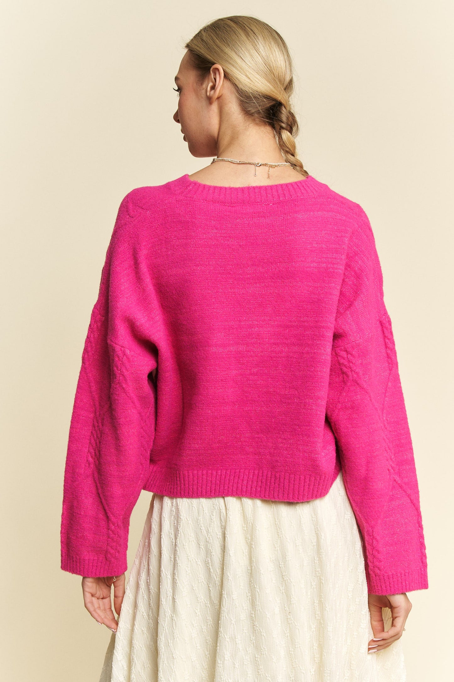Davi & Dani Diamond Cable Pattern Drop Shoulder Sweater - Classique Collection