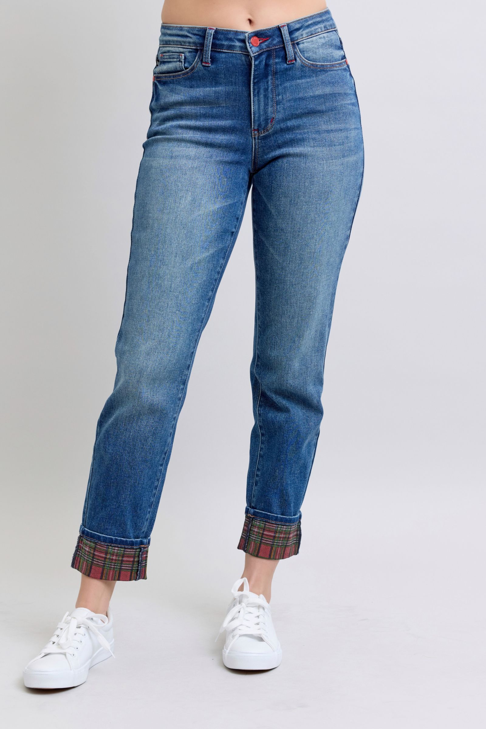 Judy Blue Full Size Plaid Print Cuff Straight Leg Jeans with Pockets - Classique Collection