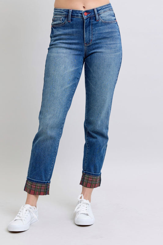 Judy Blue Full Size Plaid Print Cuff Straight Leg Jeans with Pockets - Classique Collection