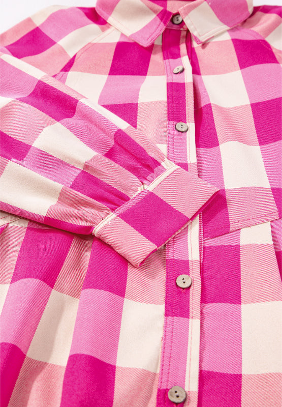 Ruched Plaid Three-Quarter Sleeve Shirt Dress - Classique Collection