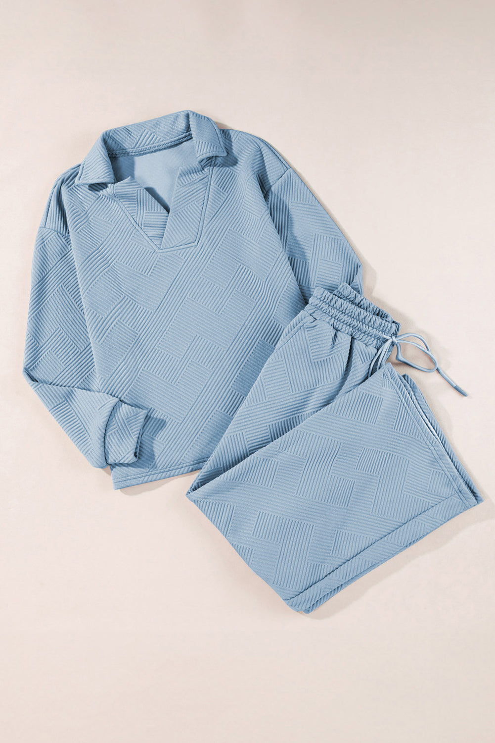 Textured Collared Neck Top and Wide Leg Pants Set - ClassiQ