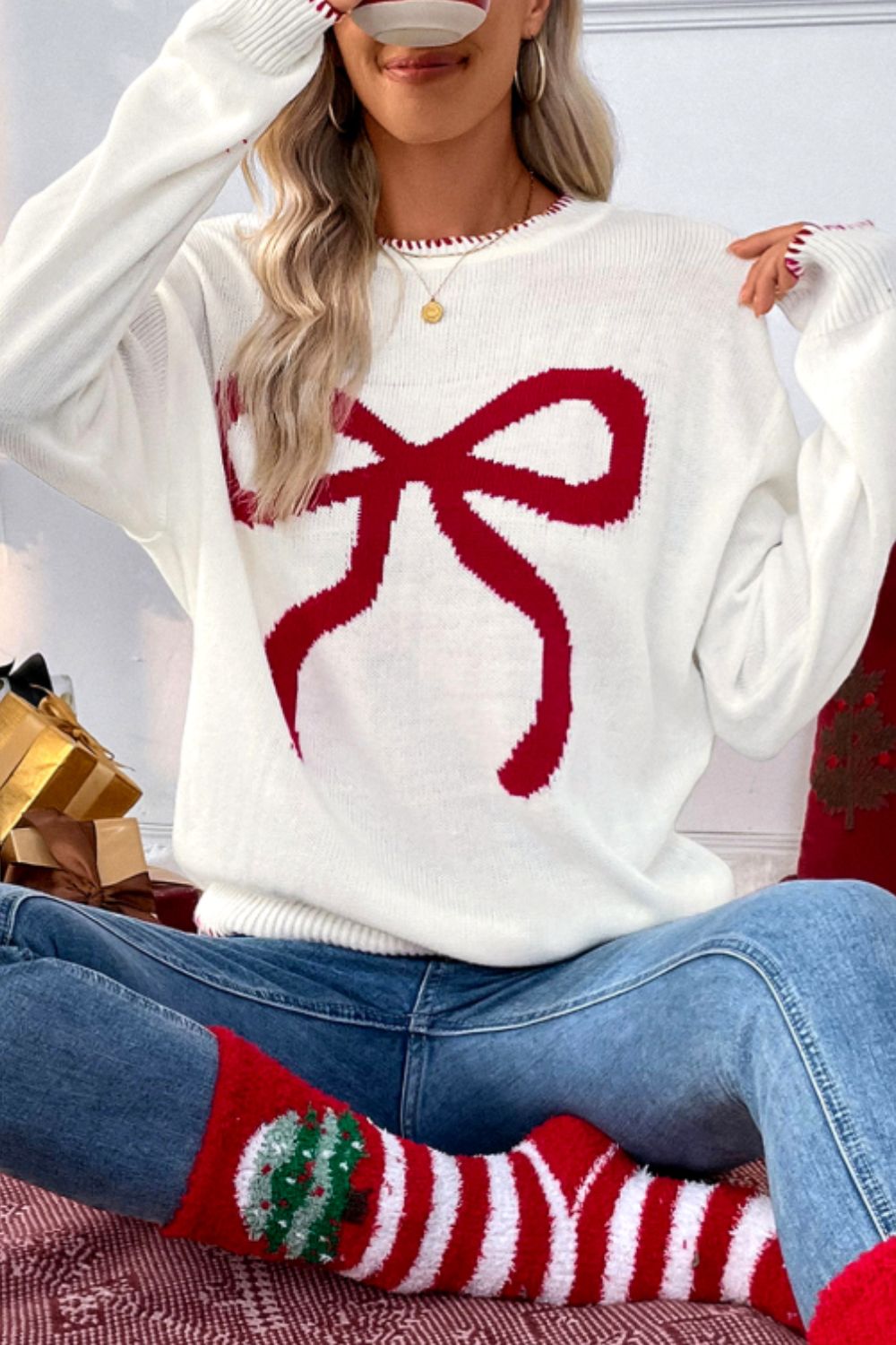 Bow Round Neck Drop Shoulder Sweater - Classique Collection