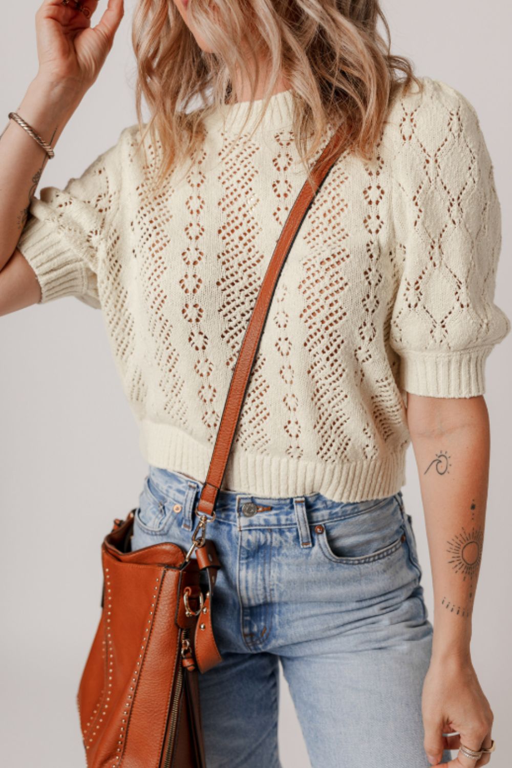 Hollowed Round Neck Half Sleeve Sweater - Classique Collection