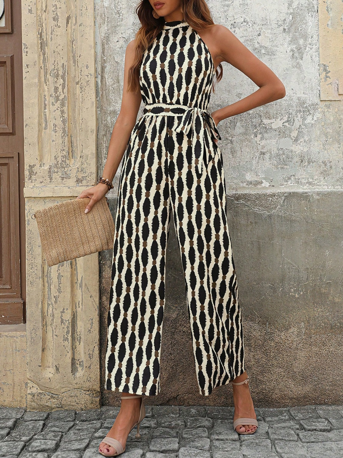 Tied Printed Grecian Neck Jumpsuit - ClassiQ