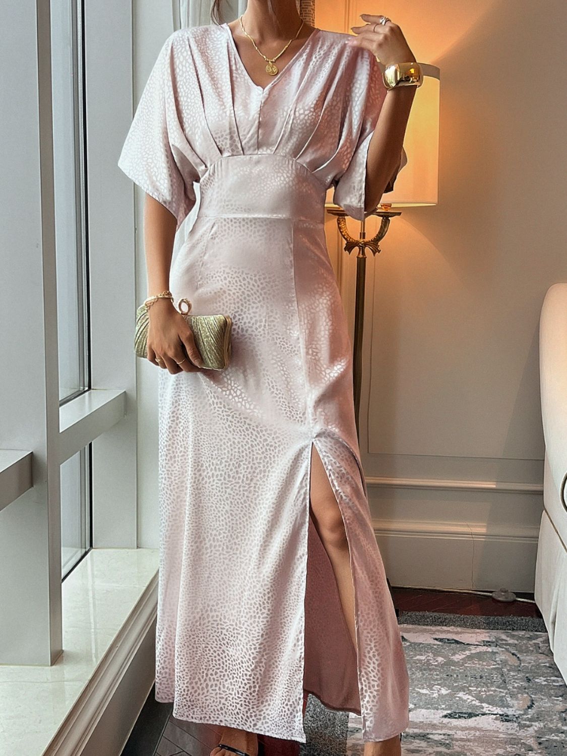 Devine Slit Animal Print V-Neck Half Sleeve Dress - Classique Collection