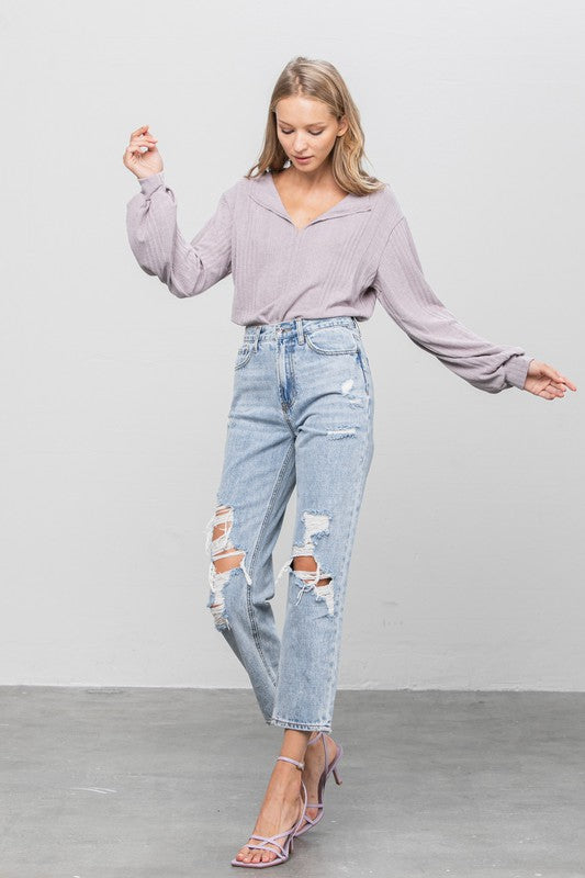 High Rise Ripped Girlfriend Jeans - Classique Collection