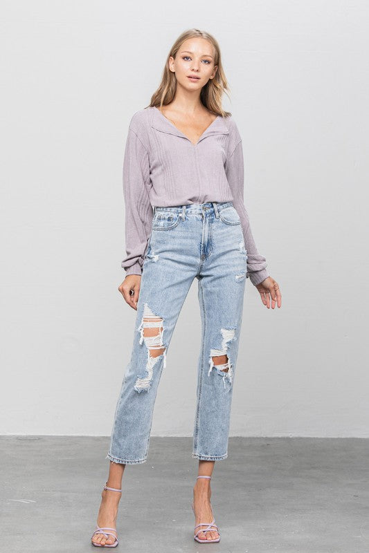 High Rise Ripped Girlfriend Jeans - Classique Collection