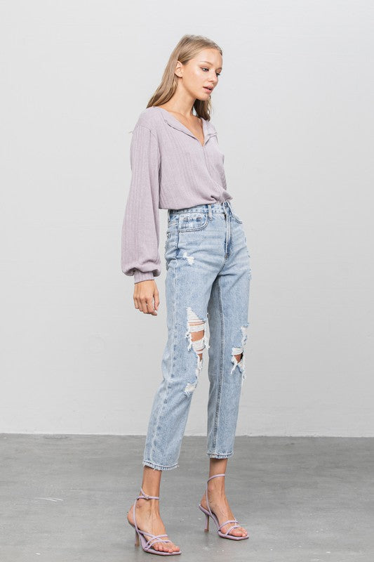 High Rise Ripped Girlfriend Jeans - Classique Collection