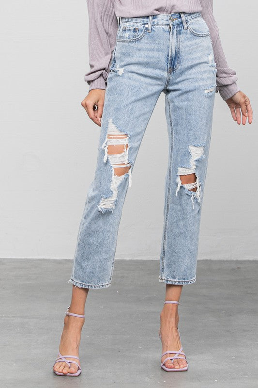 High Rise Ripped Girlfriend Jeans - Classique Collection