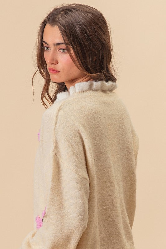 BiBi Ruffled Crochet Flower Dropped Shoulder Sweater - ClassiQ