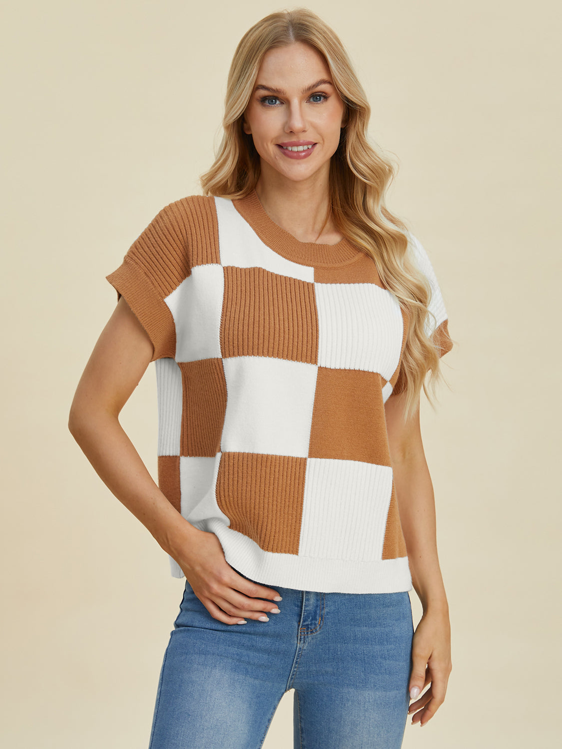 Double Take Full Size Checkered Round Neck Short Sleeve Sweater - ClassiQ