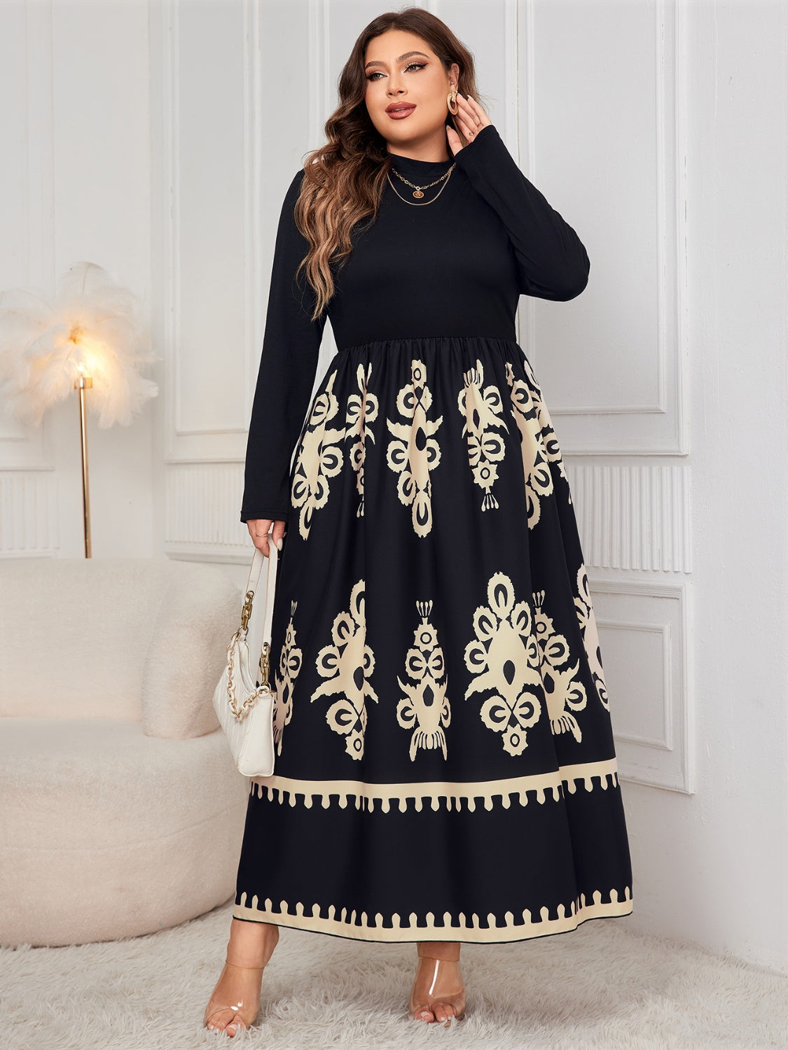 Honey Plus Size Printed Mock Neck Long Sleeve Dress - Classique Collection