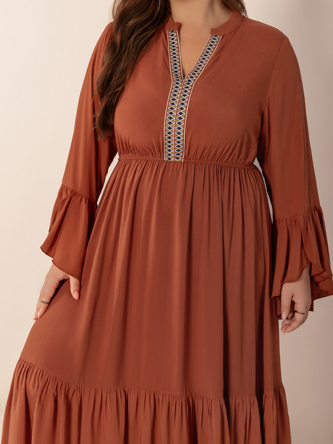 Plus Size Ruffled Notched Long Sleeve Midi Dress - Classique Collection