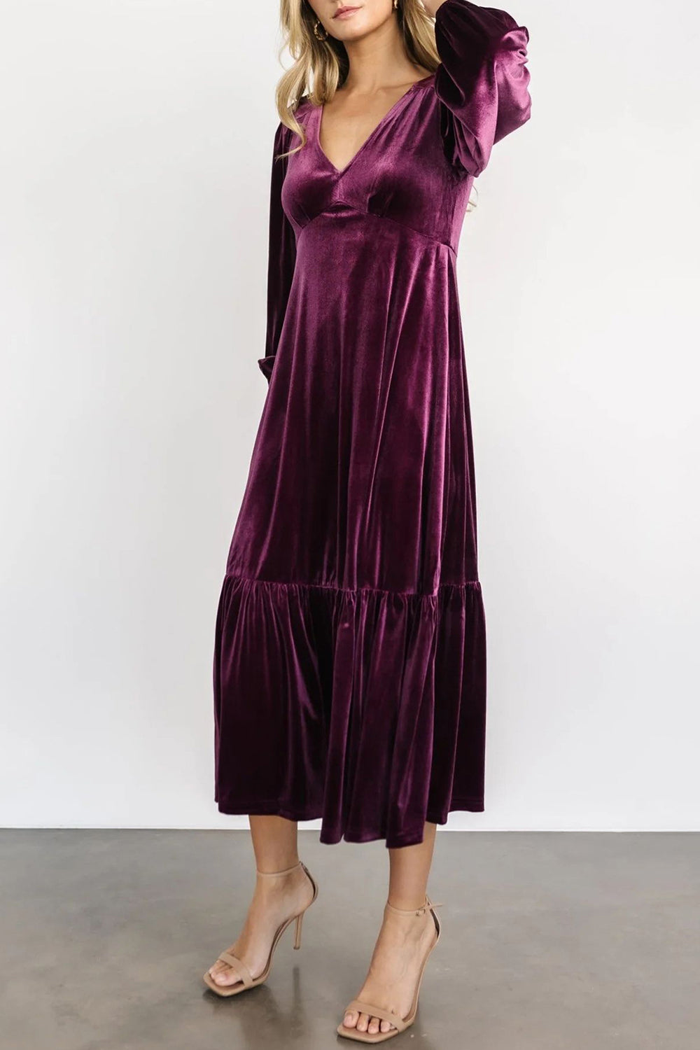 V-Neck Long Sleeve Midi Velvet Dress - Classique Collection