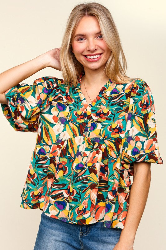 Haptics Full Size Frill Floral Puff Sleeve Peplum Blouse - Classique Collection