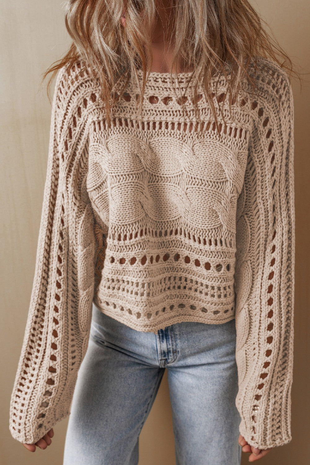 Cable-Knit Openwork Long Sleeve Sweater - ClassiQ
