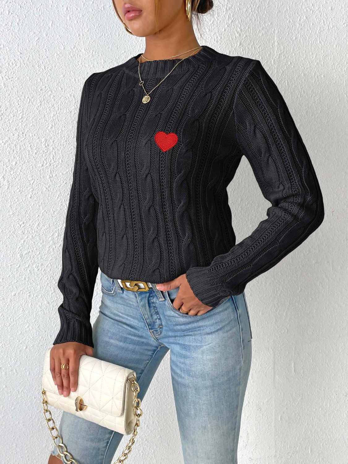 Cable-Knit Heart Round Neck Long Sleeve Sweater - ClassiQ