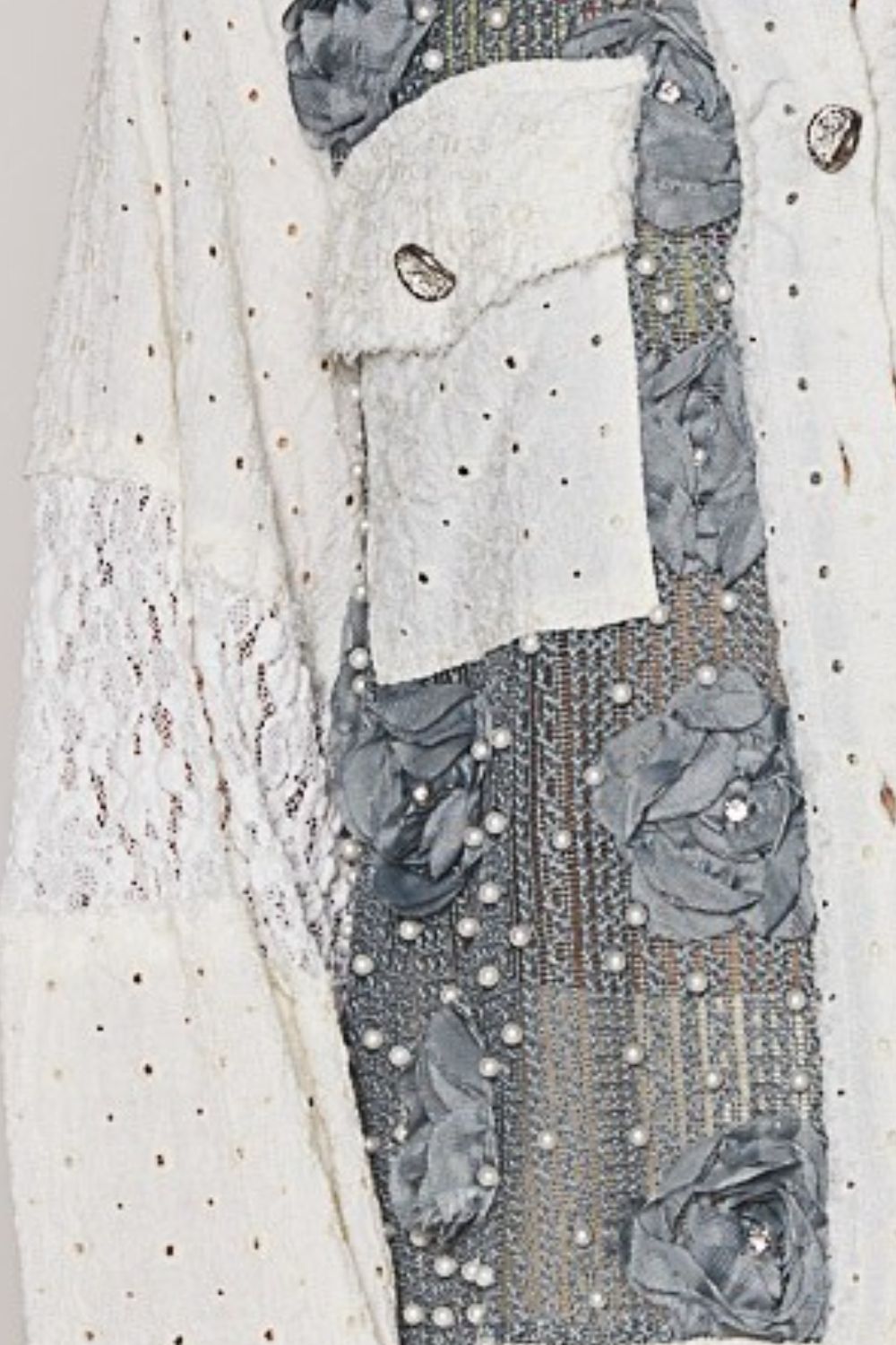POL Eyelet Flower Pearl Detail Lace Patchwork Shirt - Classique Collection