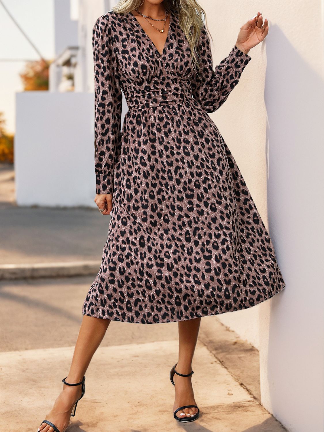 Perfee Leopard Surplice Long Sleeve Midi Dress - Classique Collection