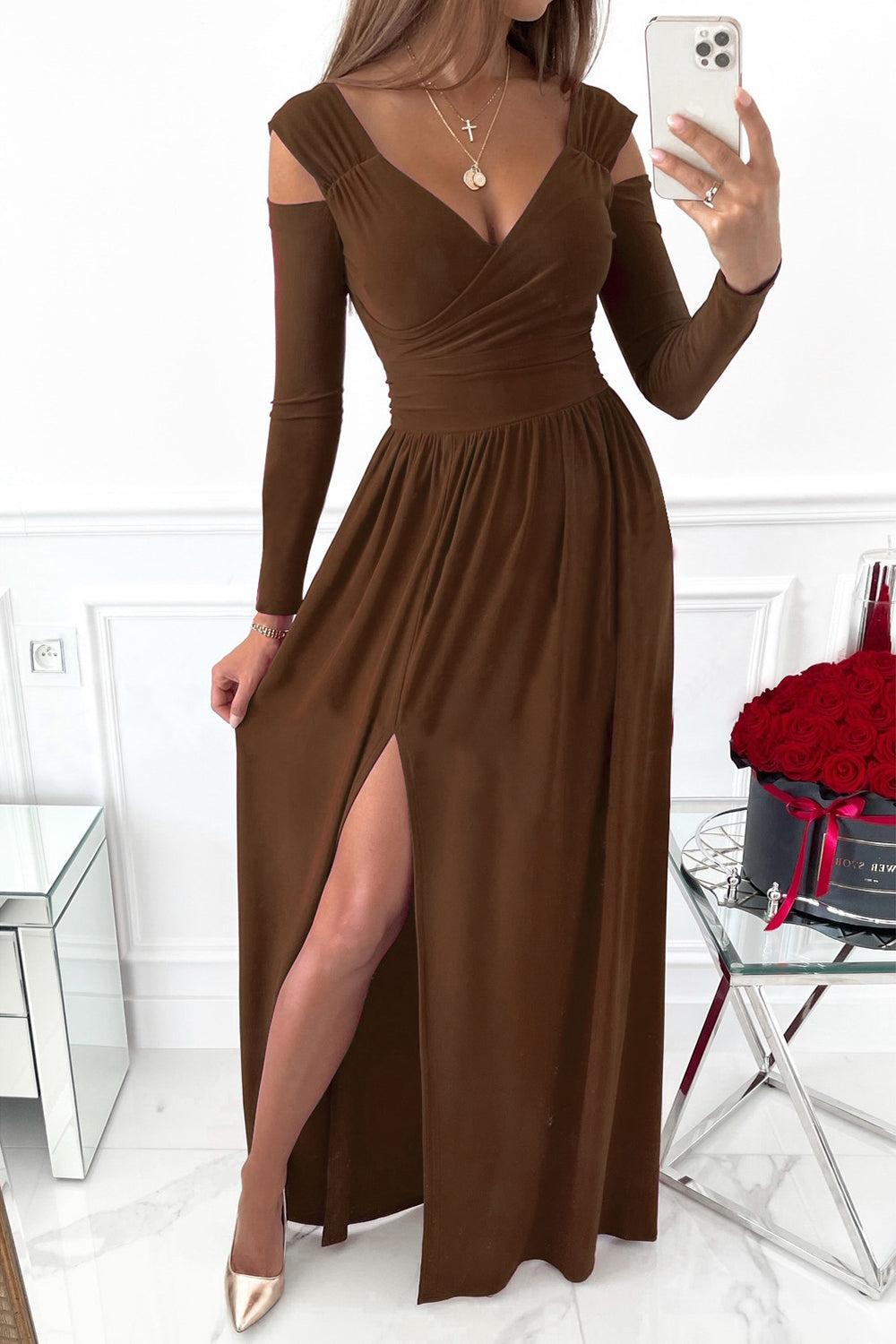 Slit Surplice Long Sleeve Maxi Dress - Classique Collection