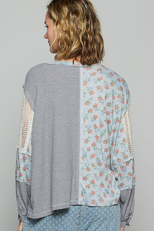 POL Floral Crochet Patch V-Neck Top - Classique Collection