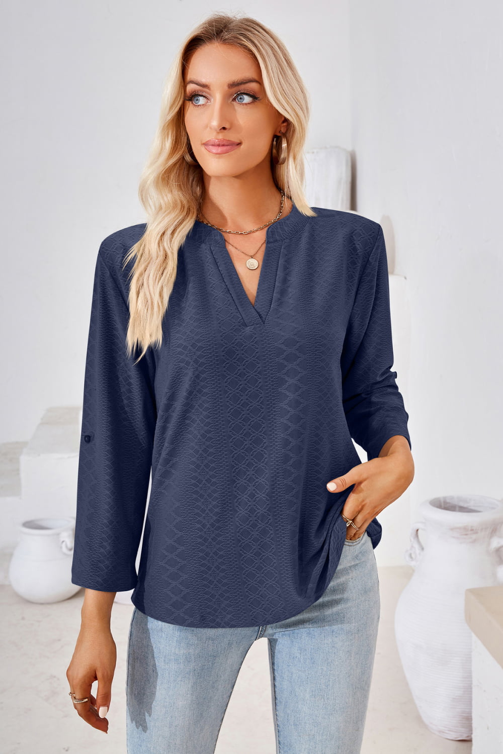 V-Neck Roll-Tap Sleeve Blouse - Classique Collection