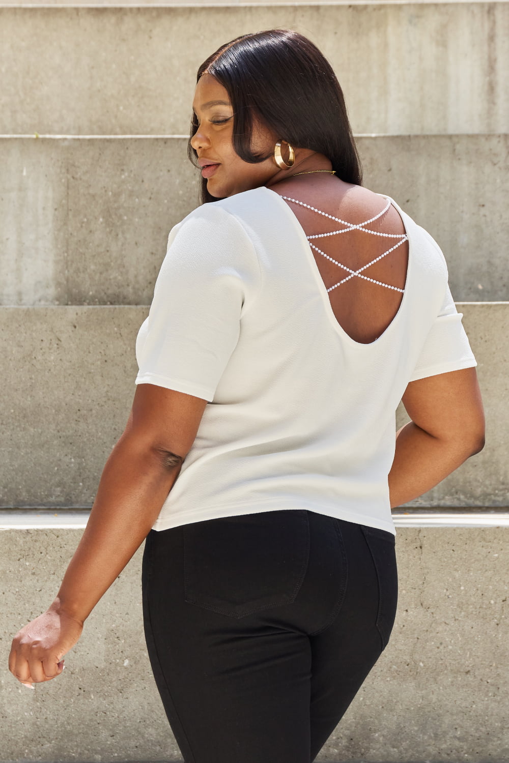 And The Why Pearly White Full Size Criss Cross Pearl Detail Open Back T-Shirt - Classique Collection