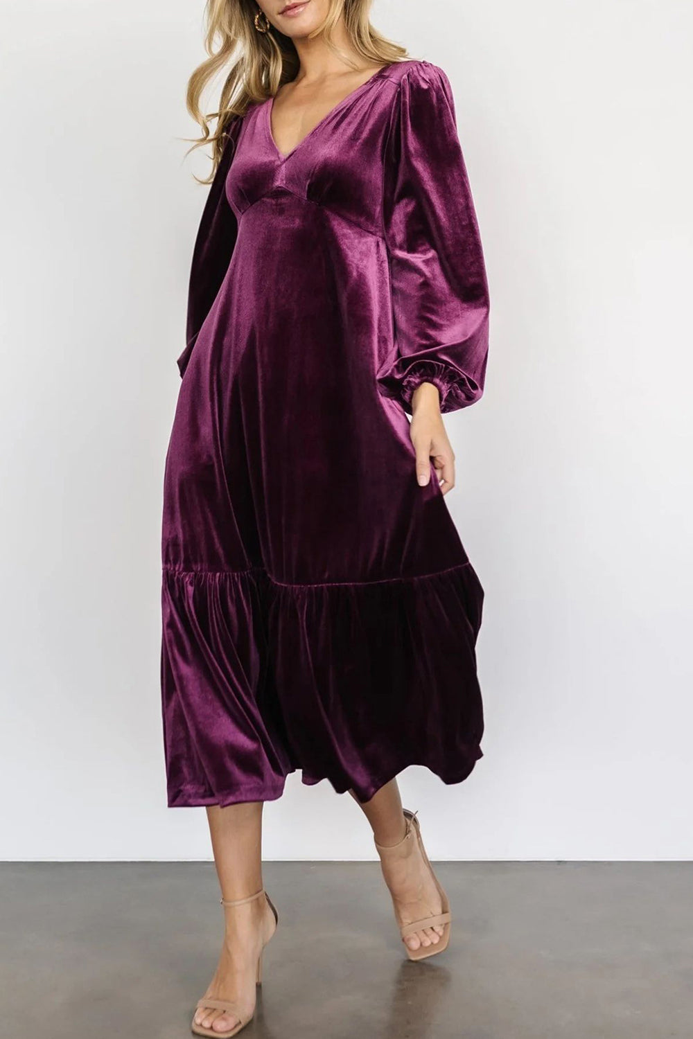 V-Neck Long Sleeve Midi Velvet Dress - Classique Collection