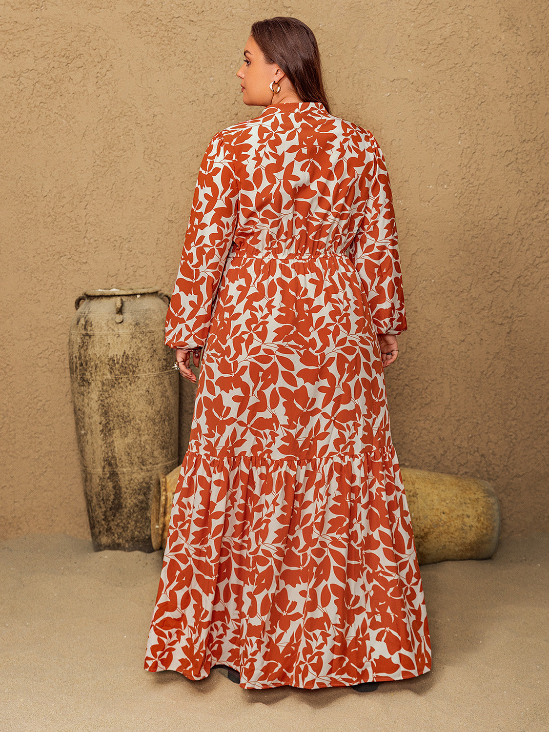 Plus Size Printed Notched Long Sleeve Maxi Dress - Classique Collection