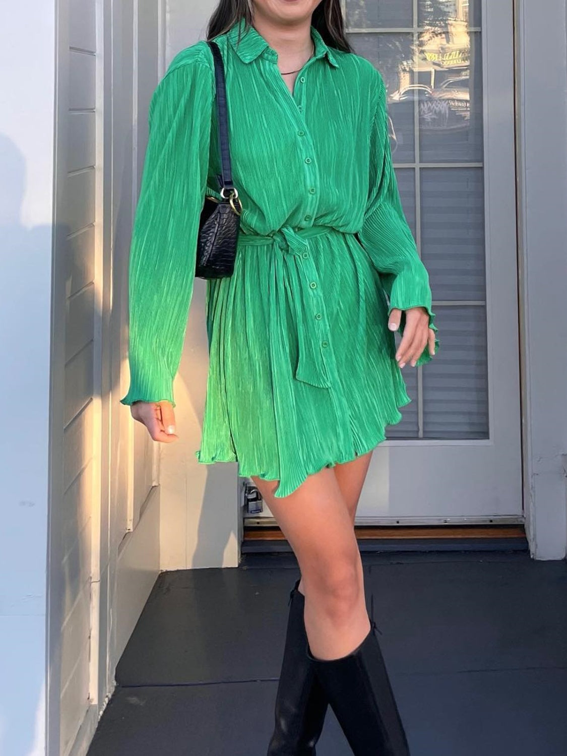 Tied Button Up Long Sleeve Dress - Classique Collection