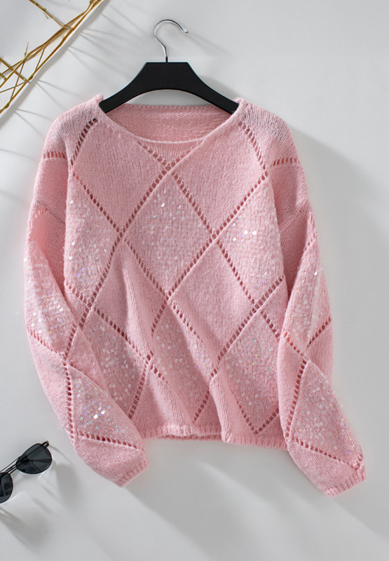 Openwork Sequin Round Neck Long Sleeve Sweater - Classique Collection