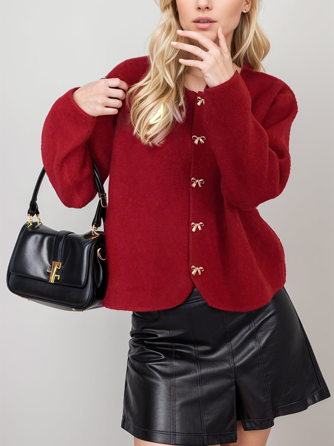 Bow Button Down Round Neck Long Sleeve Cardigan - Classique Collection