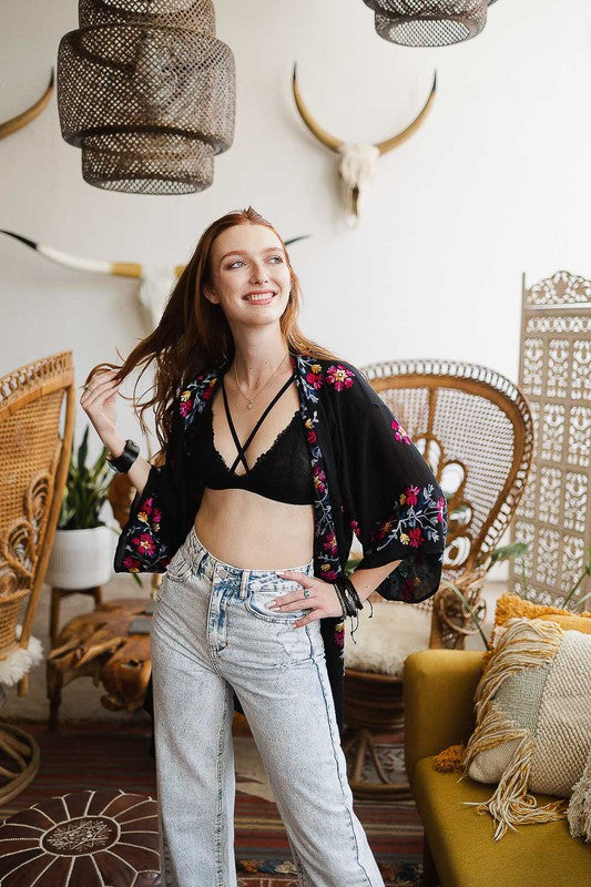 Pink Anemone Garland Embroidered Kimono - Classique Collection