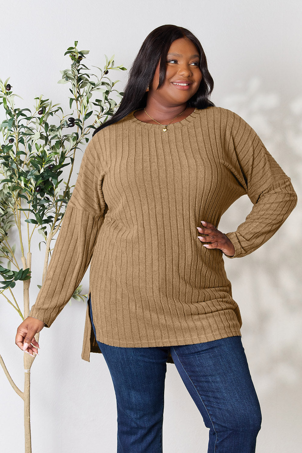 Basic Bae Full Size Ribbed Round Neck Long Sleeve Slit Top - Classique Collection